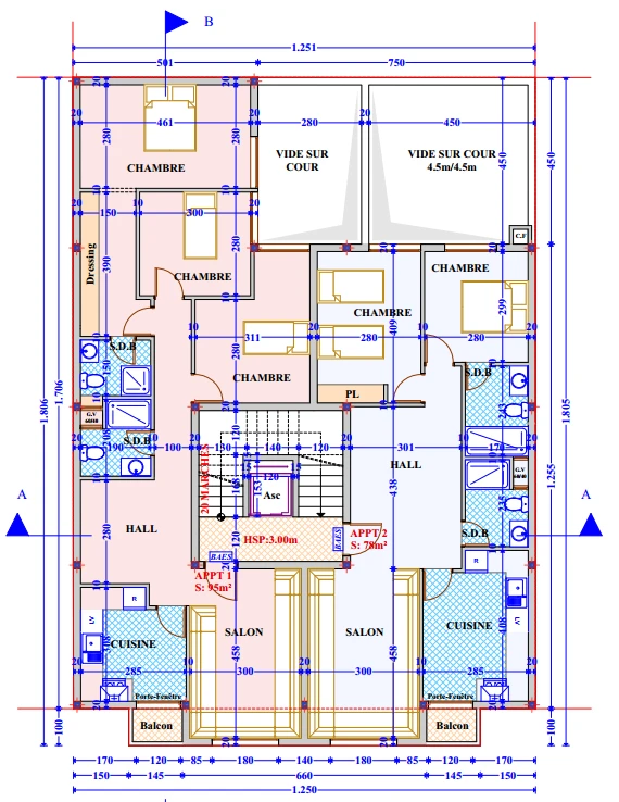 Plan d’étage type — implantation des deux appartements