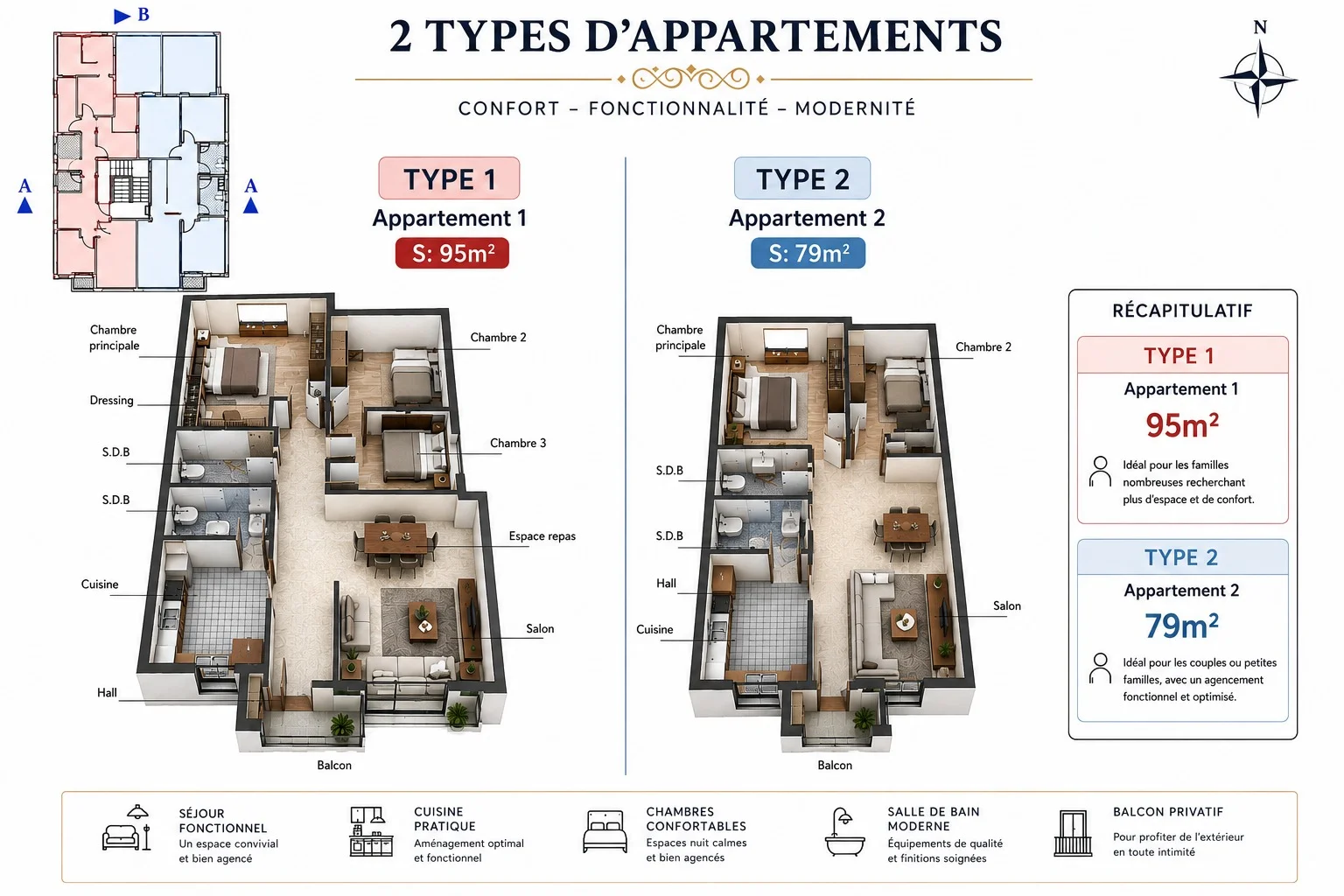 Les deux types d’appartements — Type 1 (95 m²) et Type 2 (79 m²)
