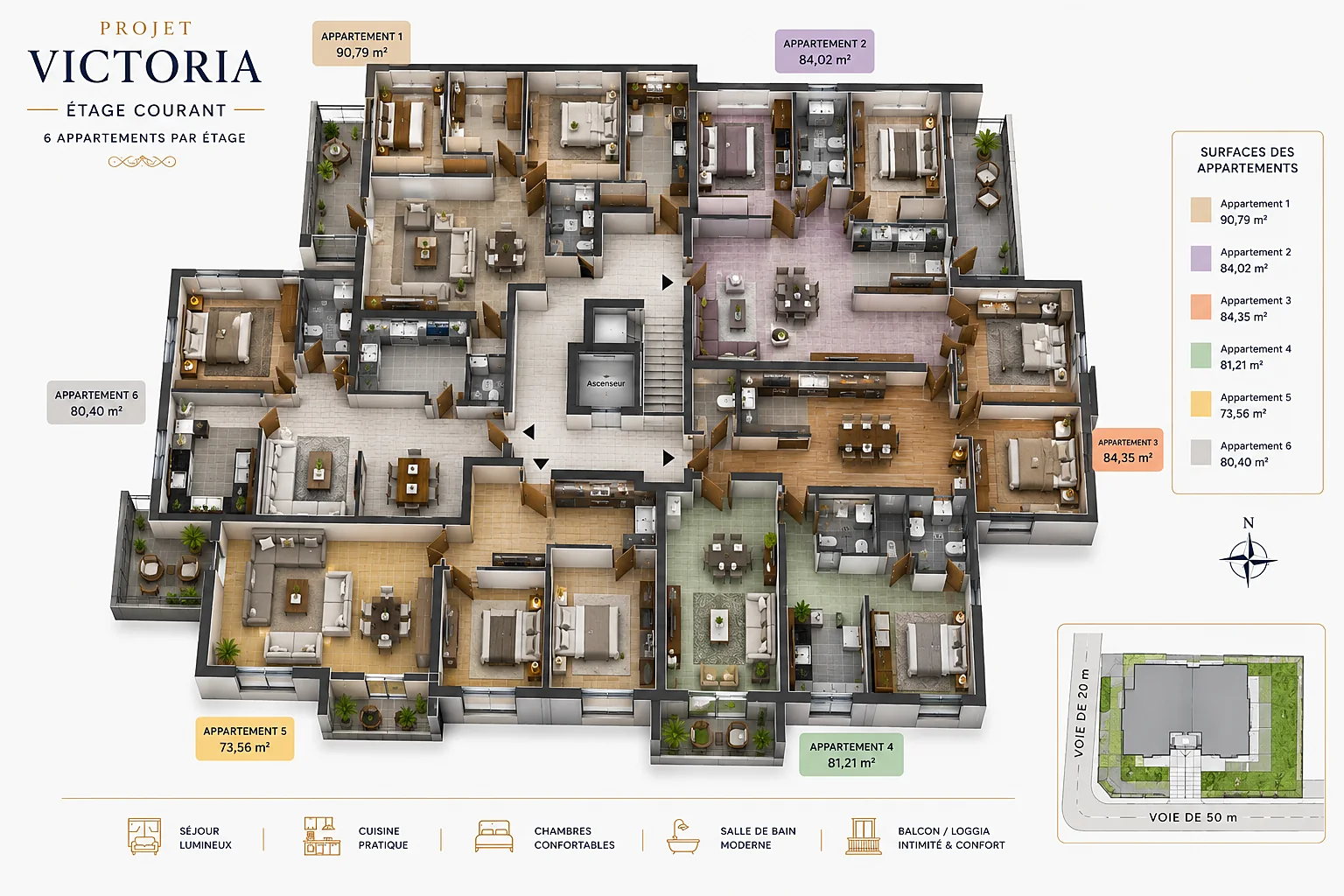 Plan commercial de l’étage courant — 6 appartements
